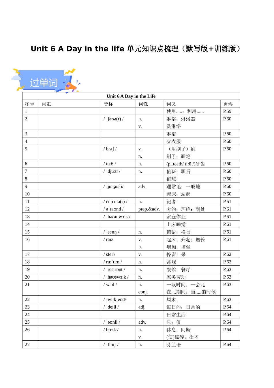 25秋新人教版七年级英语上册-Unit 6 A Day in the life 单元知识点梳理（默写版+训练版）_第1页