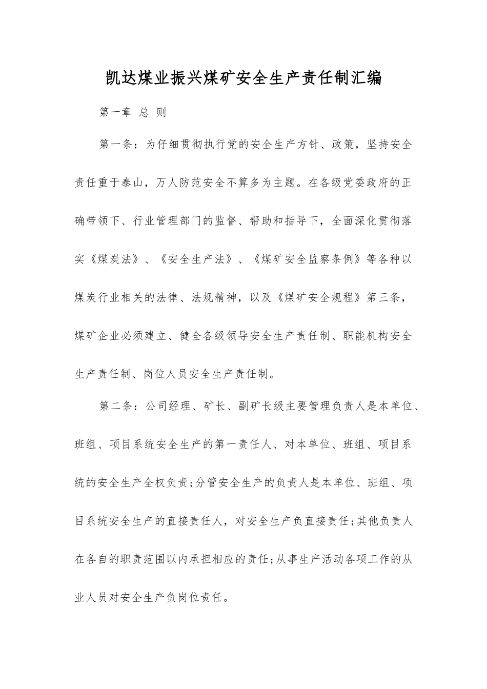 凯达煤业振兴煤矿安全生产责任制汇编_第1页