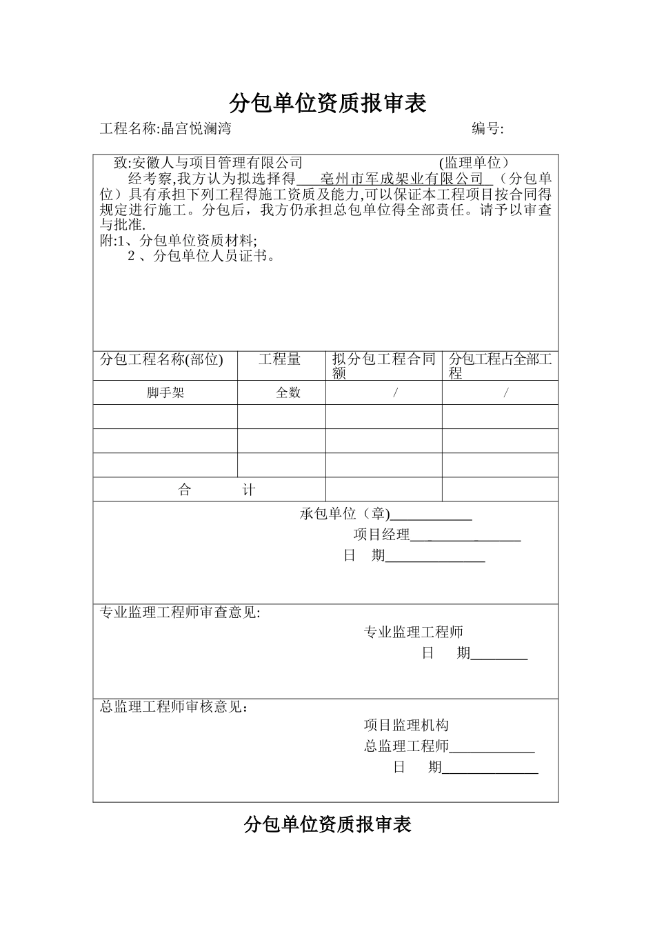 分包单位资格报审表_第1页