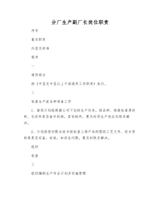 分厂生产副厂长岗位职责