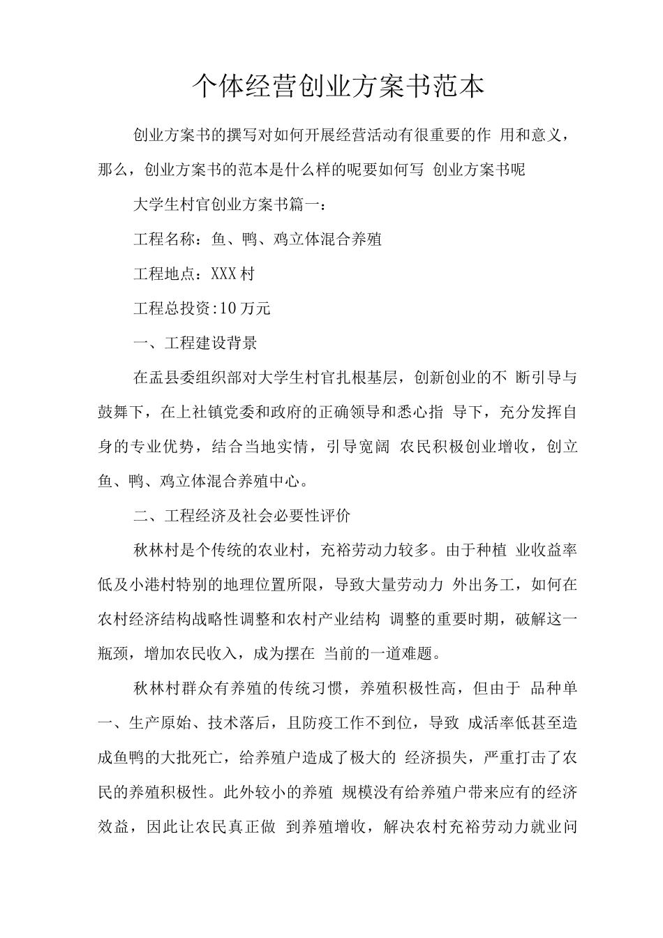 创业方案-个体经营创业计划书_第1页