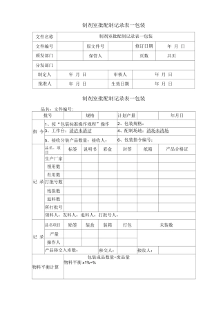 制剂室批配制记录表—包装