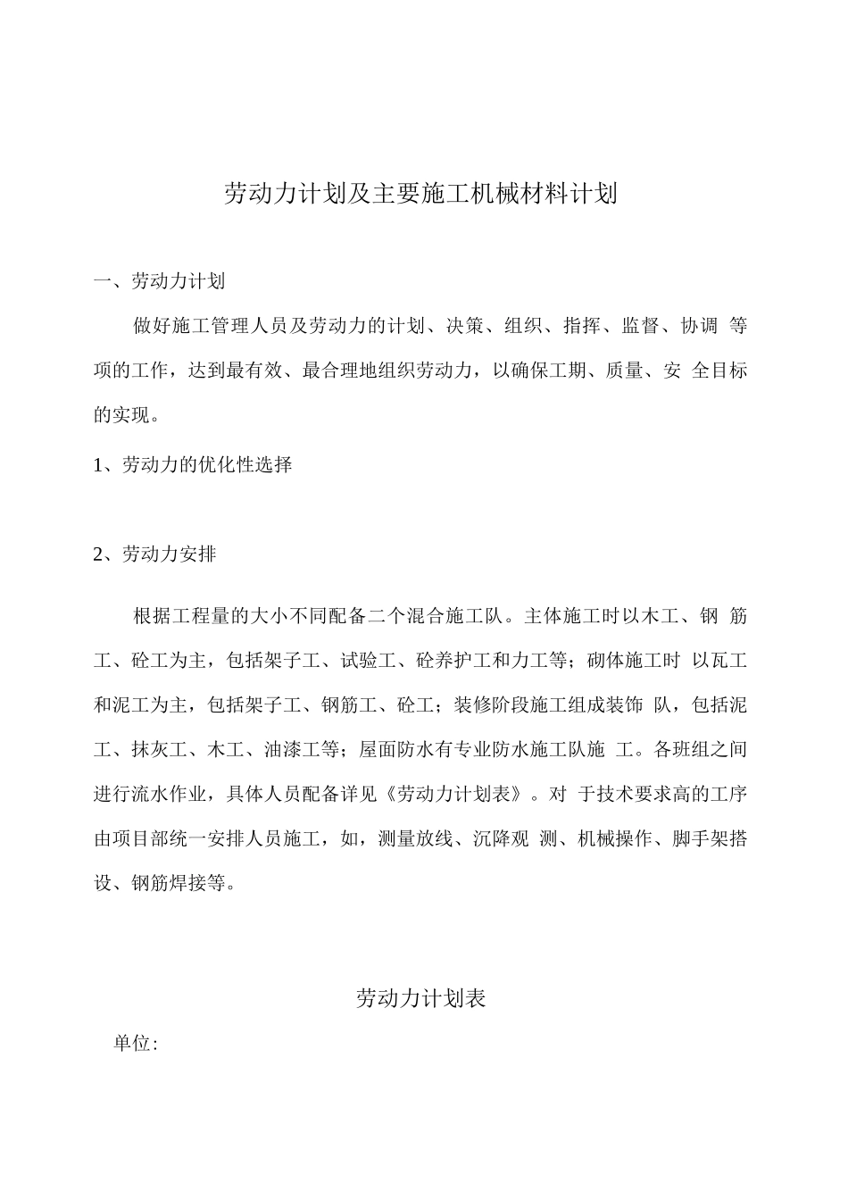 加气混凝土砌块住宅楼施工劳动力计划及主要施工机械材料计划_第1页