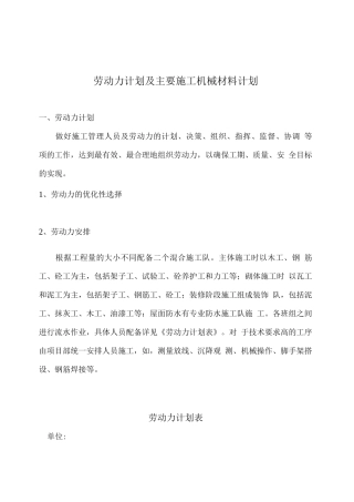 加气混凝土砌块住宅楼施工劳动力计划及主要施工机械材料计划