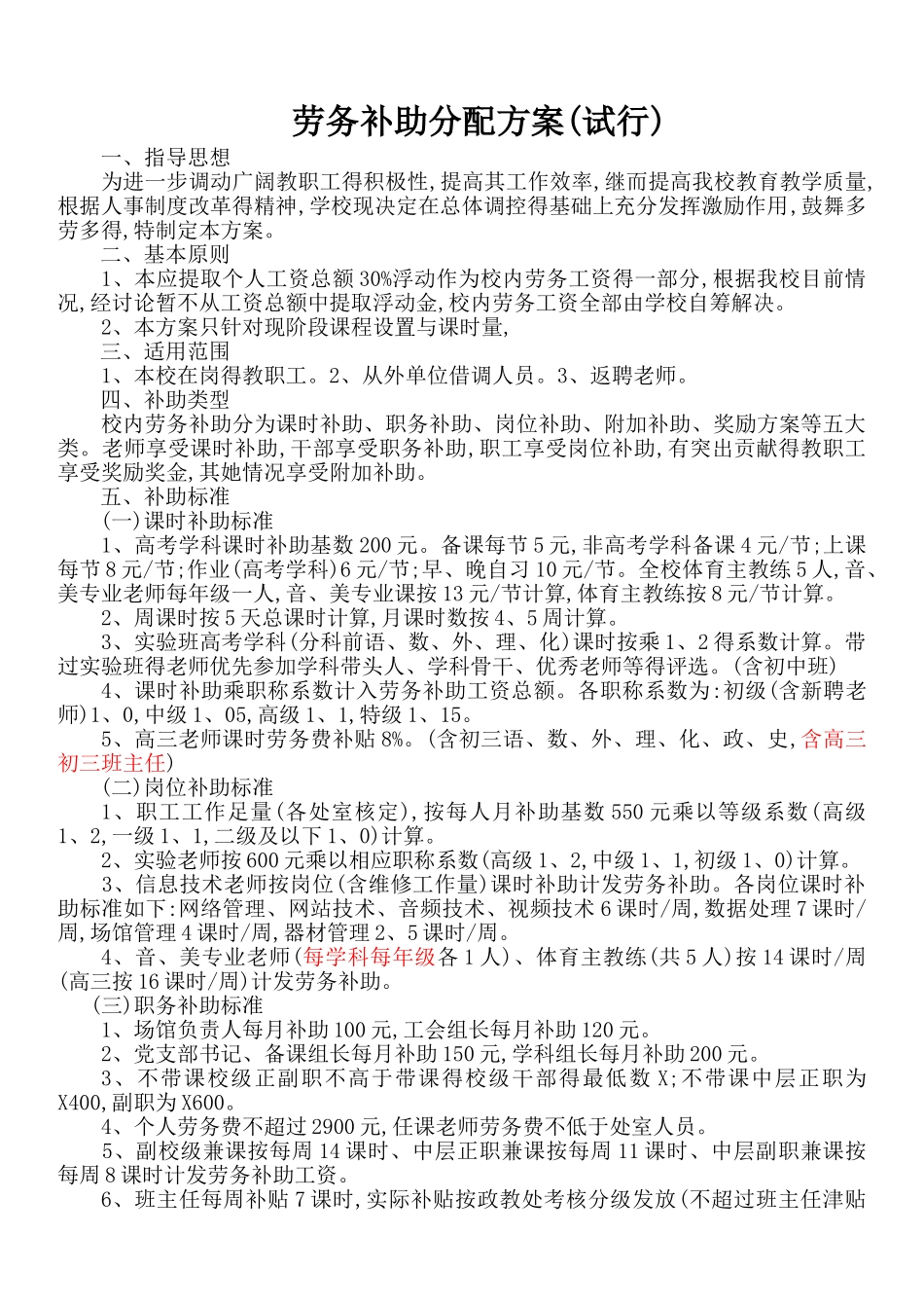 劳务补助工资方案试行_第1页