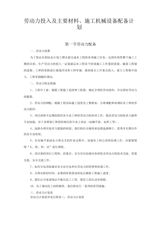 劳动力投入及主要材料、施工机械设备配备计划
