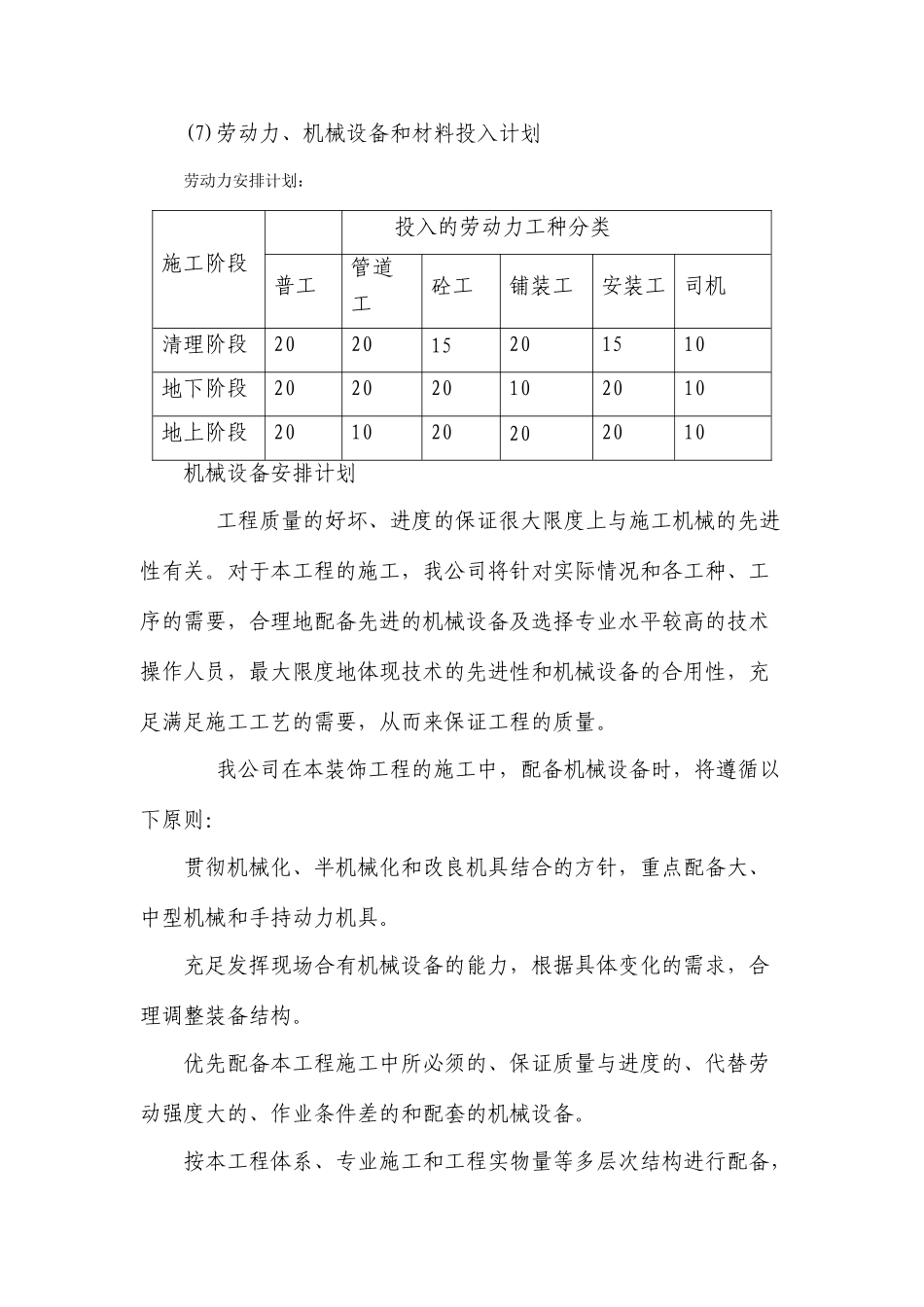 劳动力机械设备和材料投入计划分_第1页