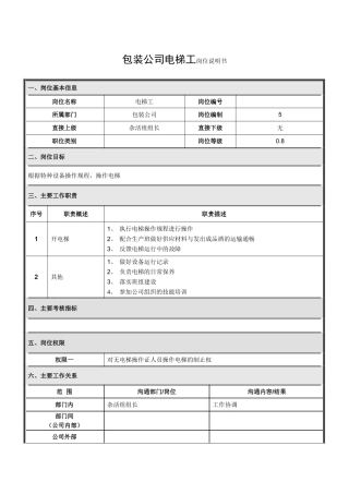 包装公司岗位说明书-电梯工