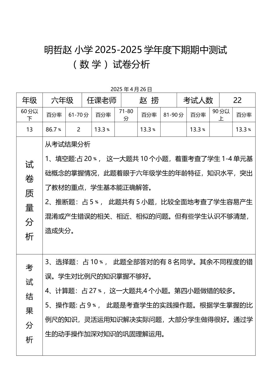 北师大版2025-2025学年度六年级-数学下期期中试卷分析_第3页