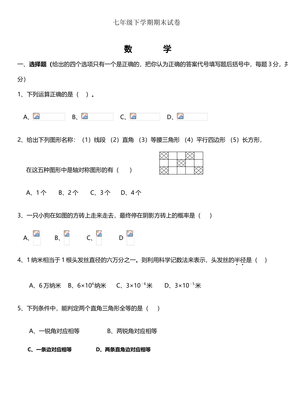 北师大版初一数学下期末试卷及答案_第2页