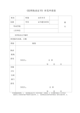 医师执业证书补发申请表