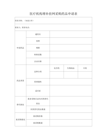 医疗机构增补挂网采购药品申请表