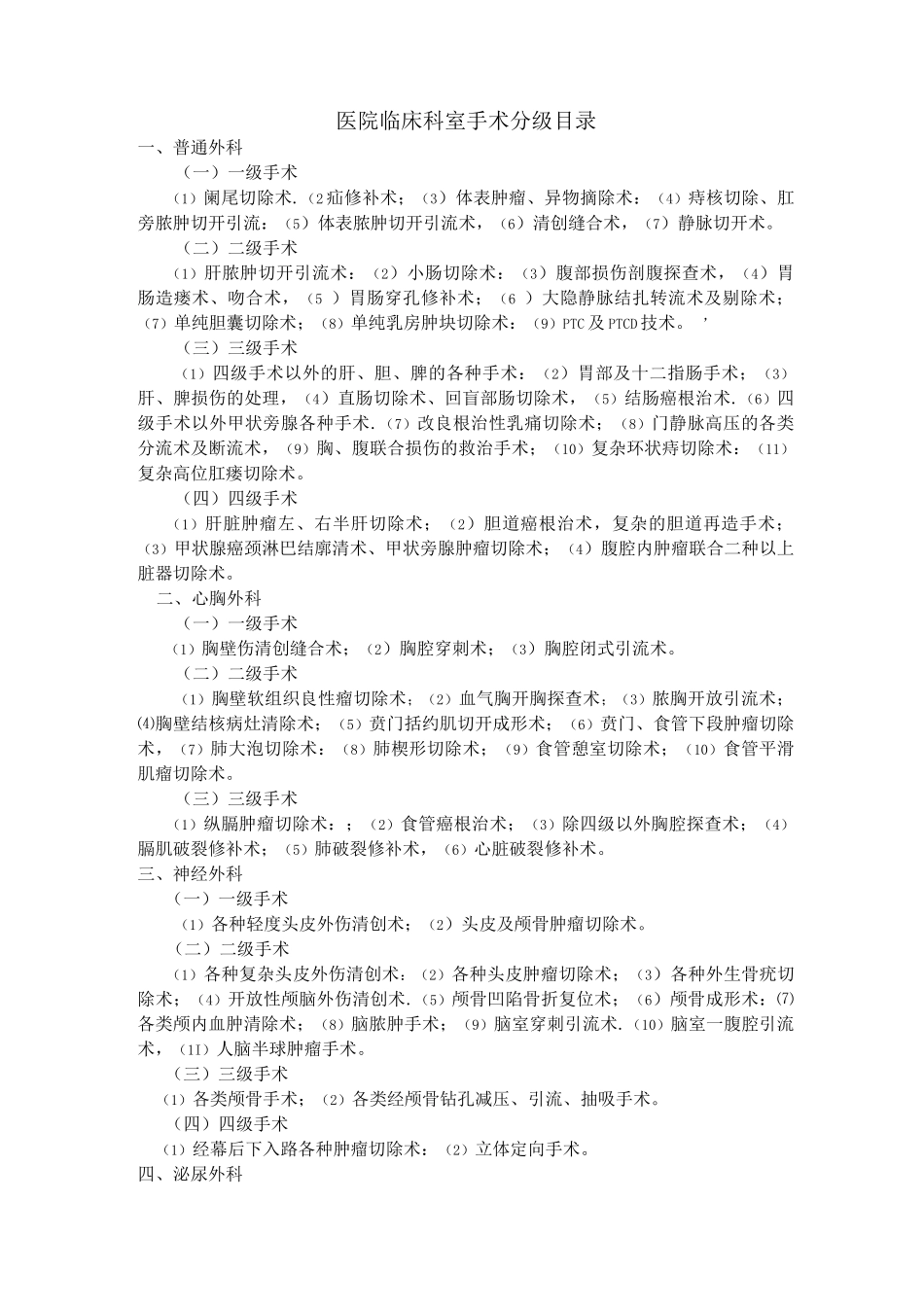 医院临床科室手术分级目录_第1页