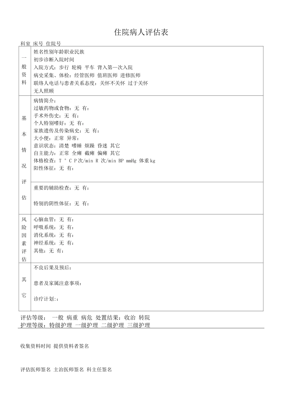 医院住院病人评估表_第1页
