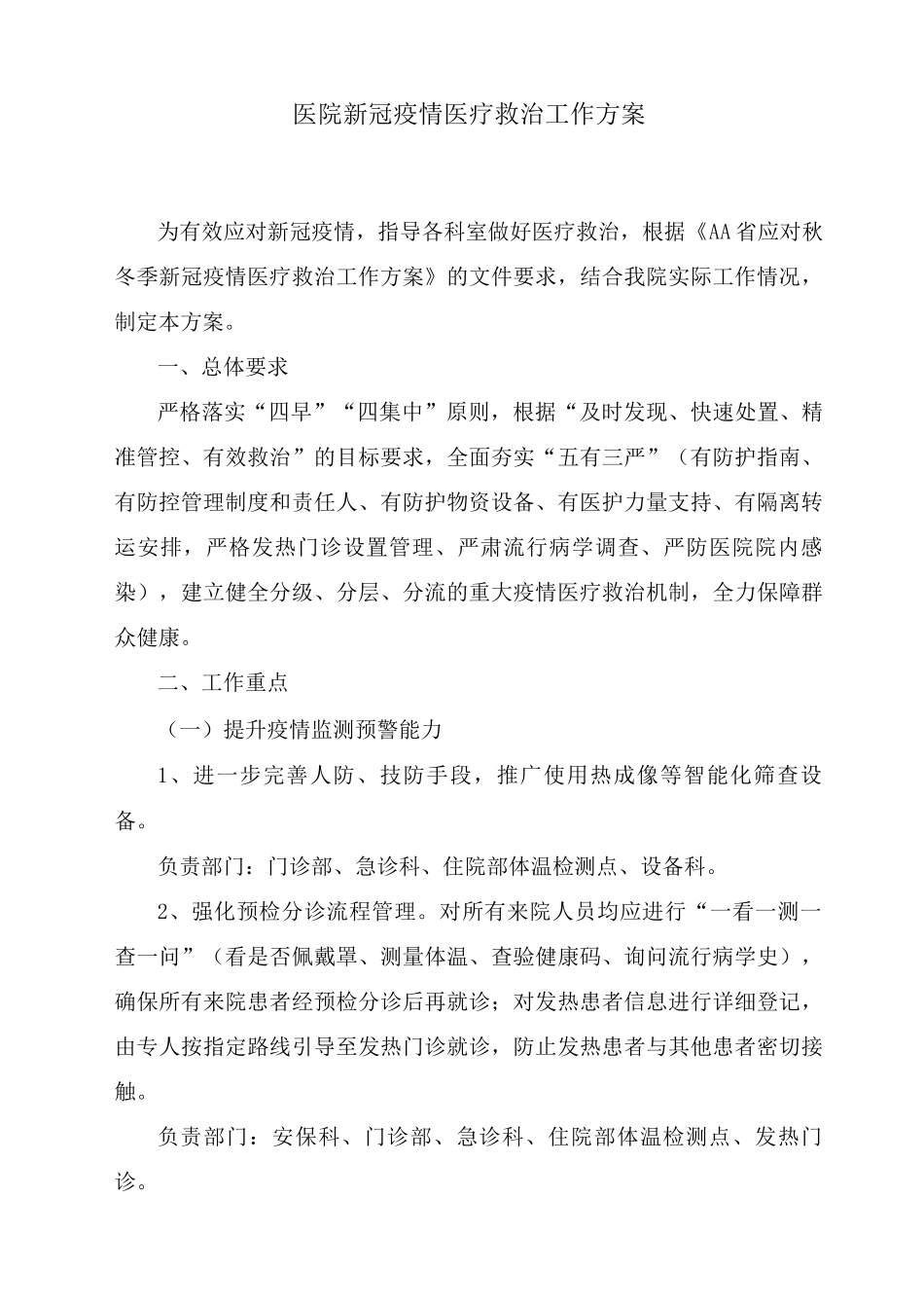 医院新冠疫情医疗救治工作方案及工作总结_第1页