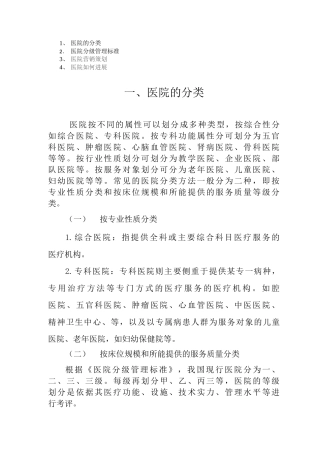 医院的分类医院的发展各级医院配备条件民营医院营销策略二级医院科室设置标准