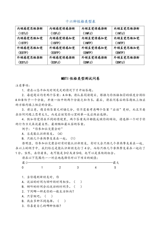 十六种性格类型表性格测试及解析-最完整