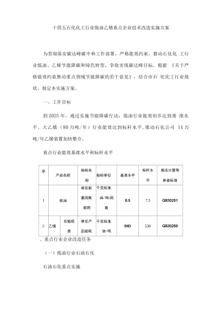 十四五石化化工行业炼油乙烯重点企业技术改造实施方案