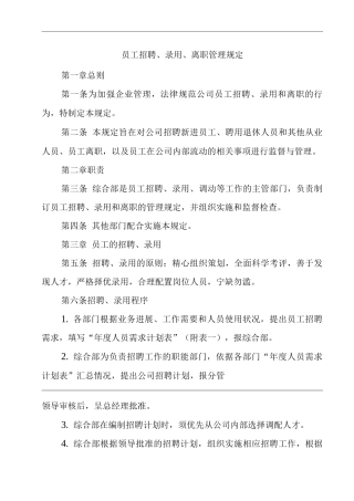 单位公司企业规章制度员工招聘、录用、离职管理规定