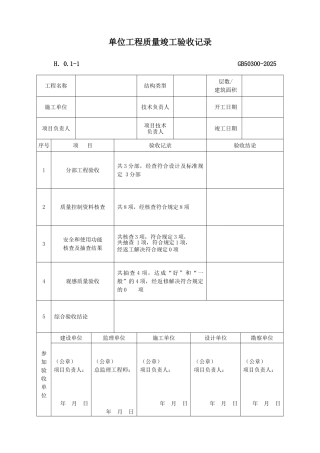 单位工程质量竣工验收记录
