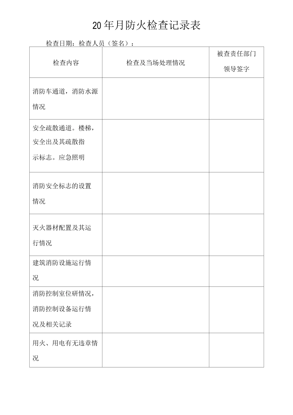 单位每月防火检查记录表_第1页