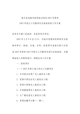 南丹县迎接市验收组对我县2025年度和2025年度以工代赈项目总体验收的工作方案