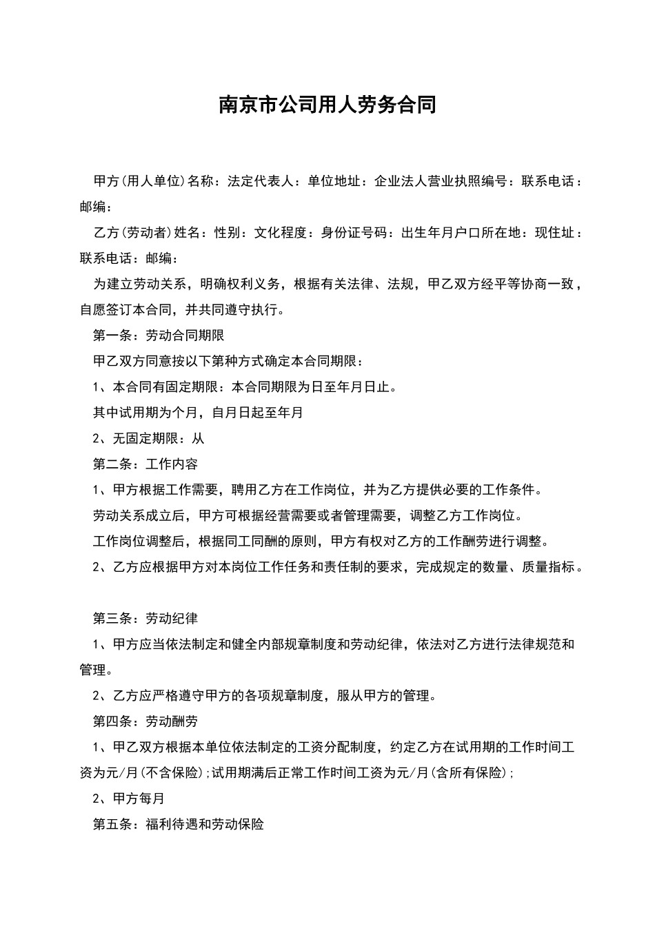 南京市公司用人劳务合同_第1页