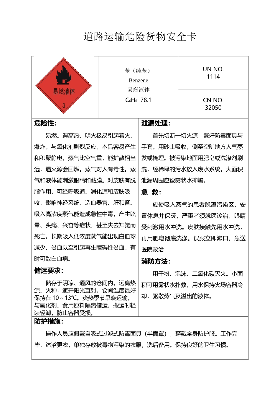 危险品运输安全卡纯苯_第2页