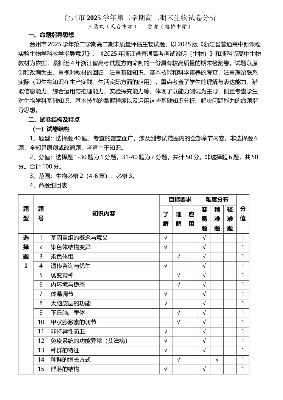 台州市2025学年第二学期高二期末生物试卷分析77909_第2页