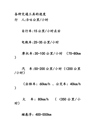 各种交通工具的速度