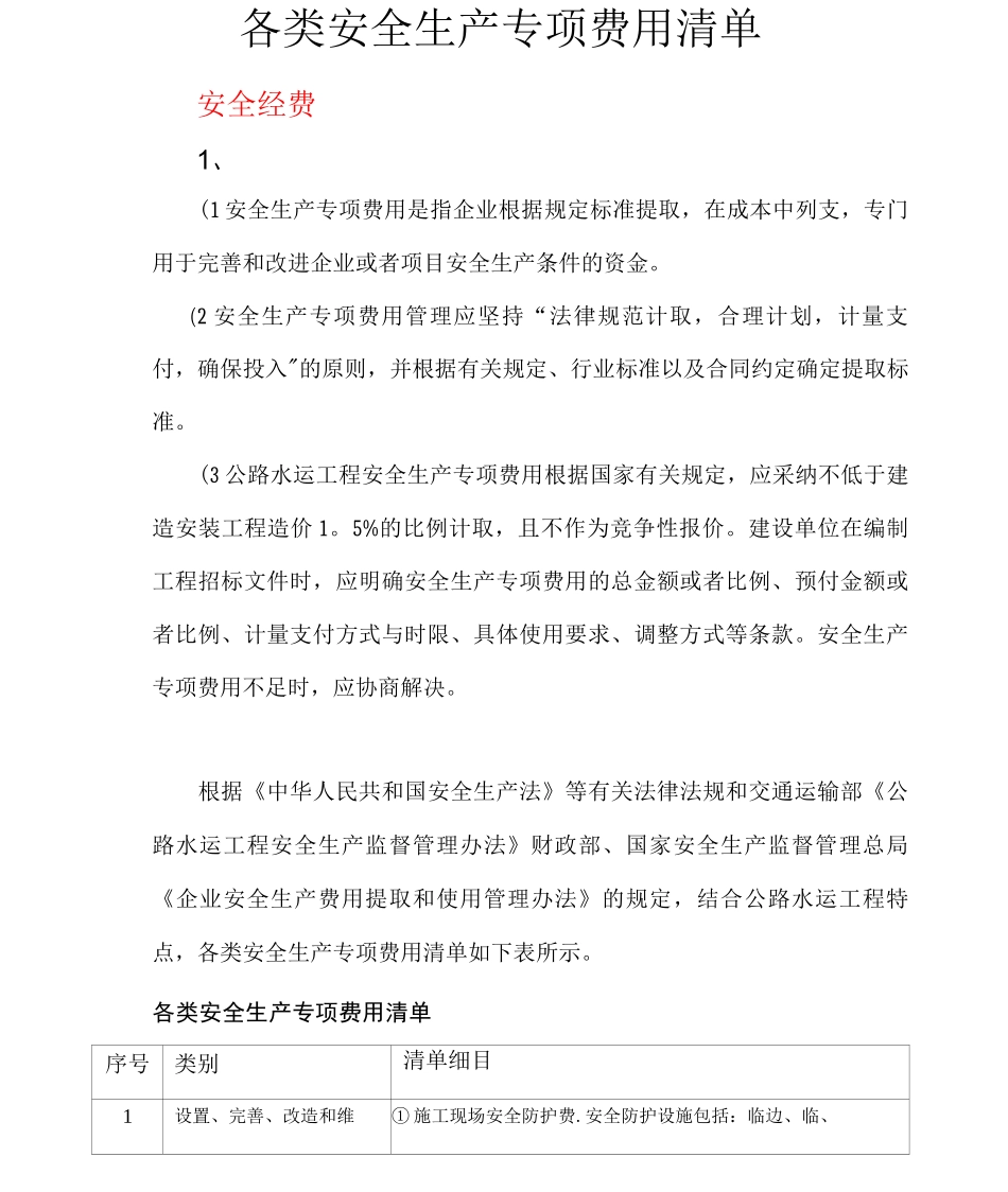 各类安全生产专项费用清单_第1页