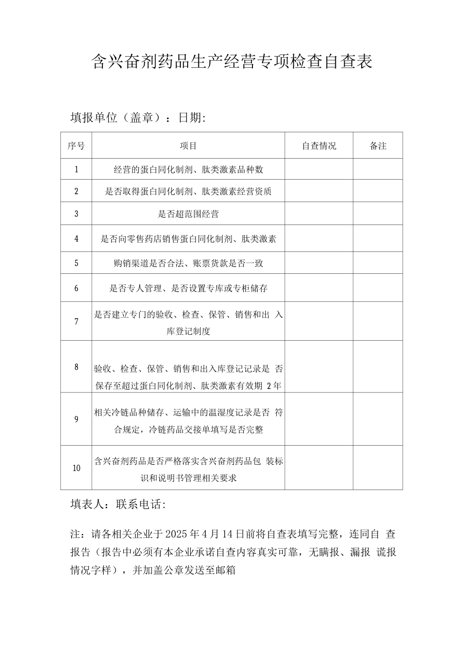含兴奋剂药品生产经营专项检查自查表_第1页