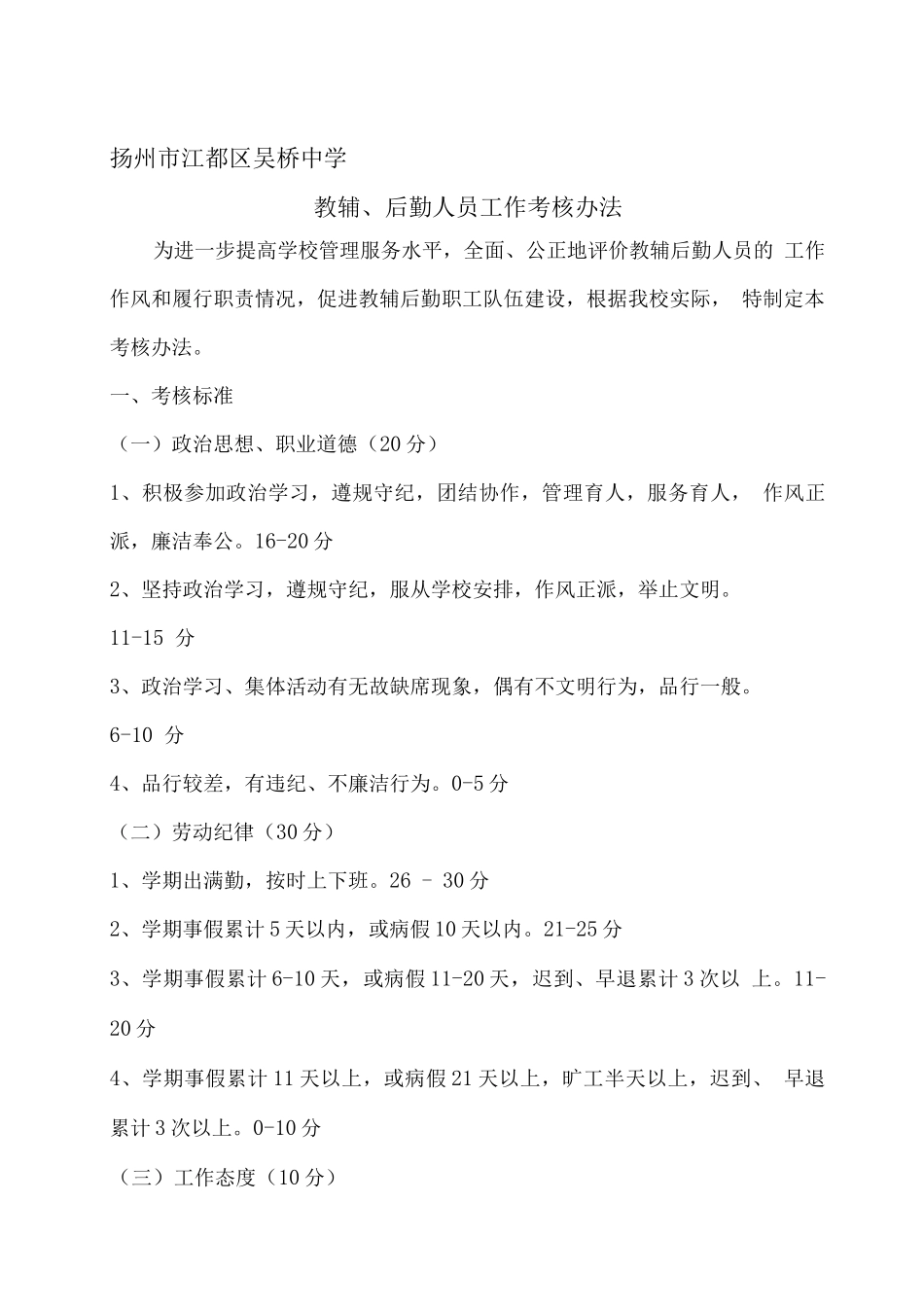 吴桥中学教辅后勤人员考核办法_第1页