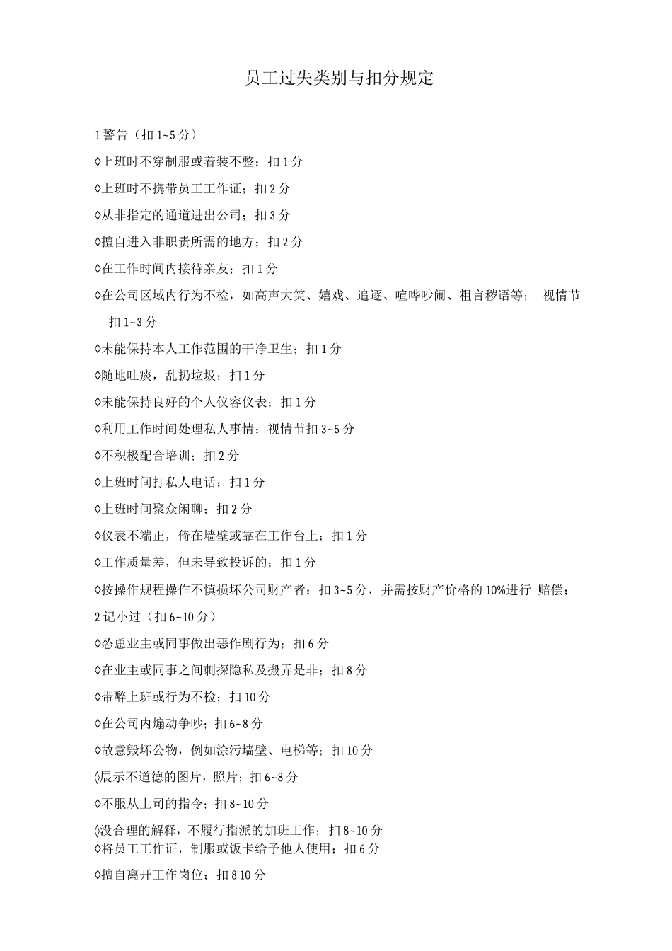 员工过失类别与扣分规定_第1页