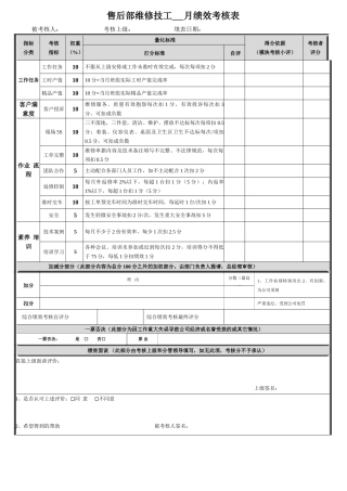 售后部维修技工绩效考核表