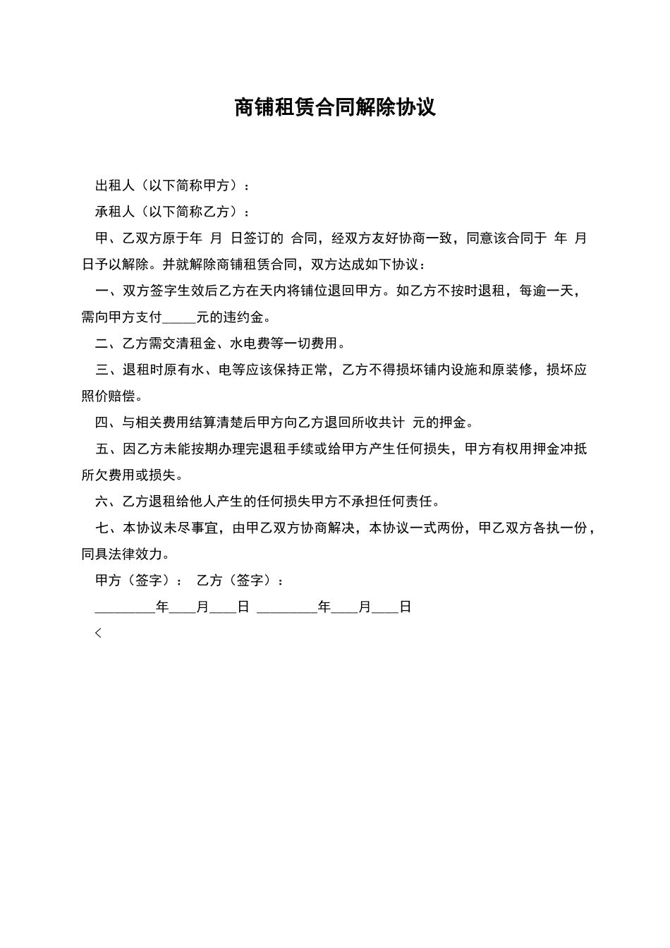 商铺租赁合同解除协议_第1页
