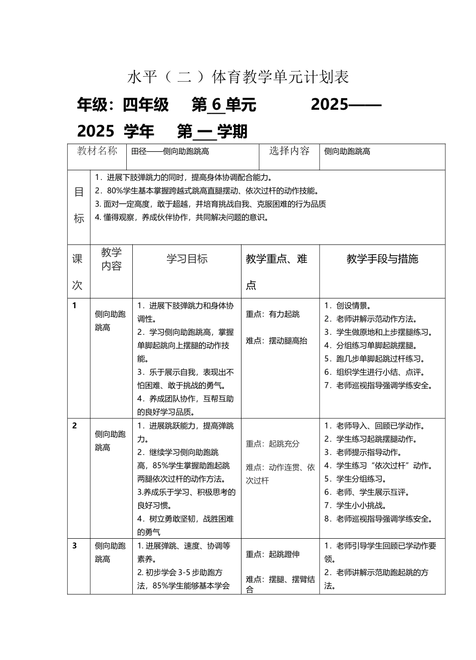 四年级侧向助跑跳高单元计划_第2页