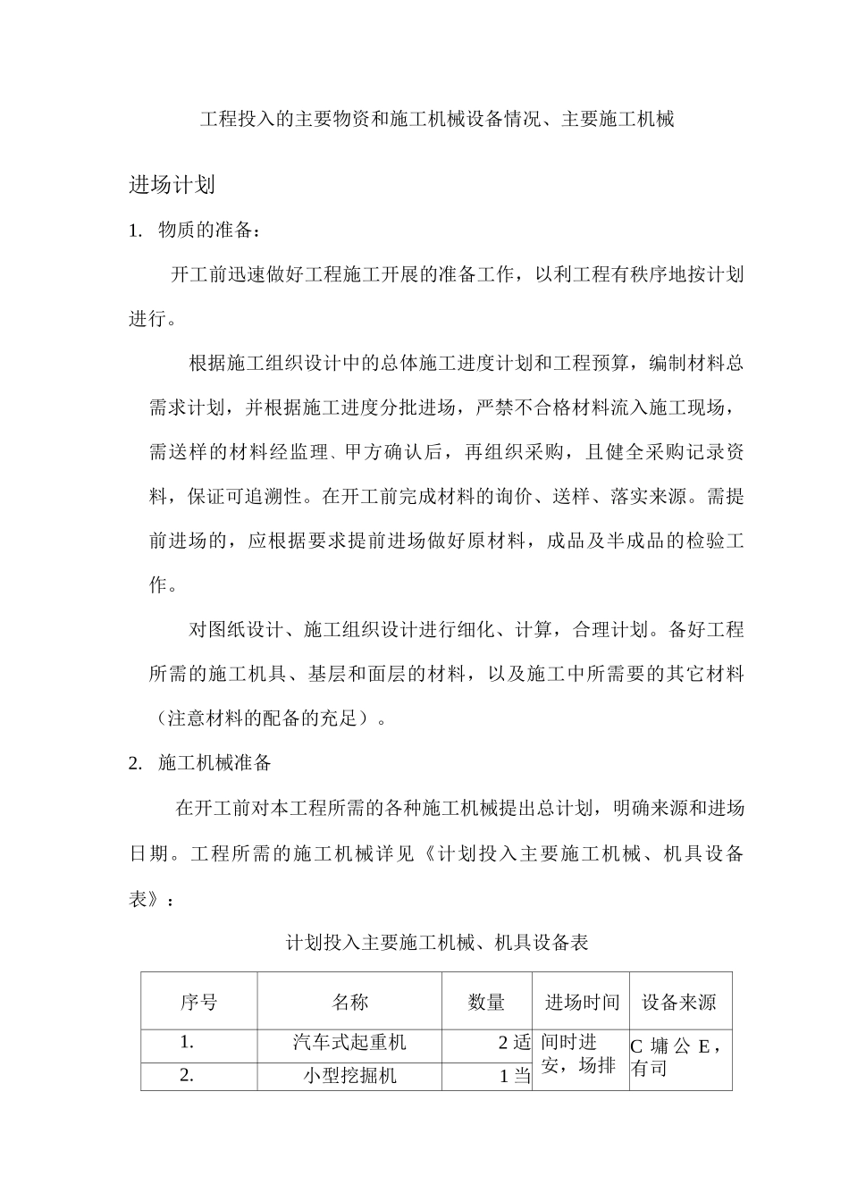 园林绿化工程投入的主要物资和施工机械设备情况、主要施工机械_第1页