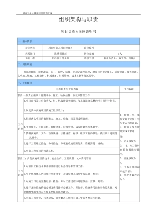园林项目部主要管理人员岗位说明书