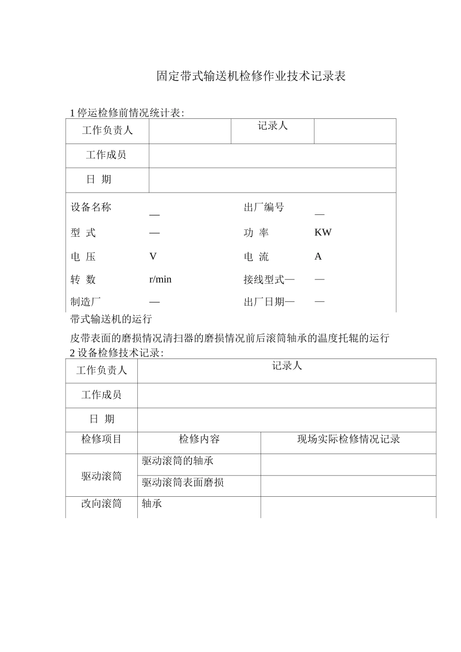 固定带式输送机检修作业技术记录表_第1页