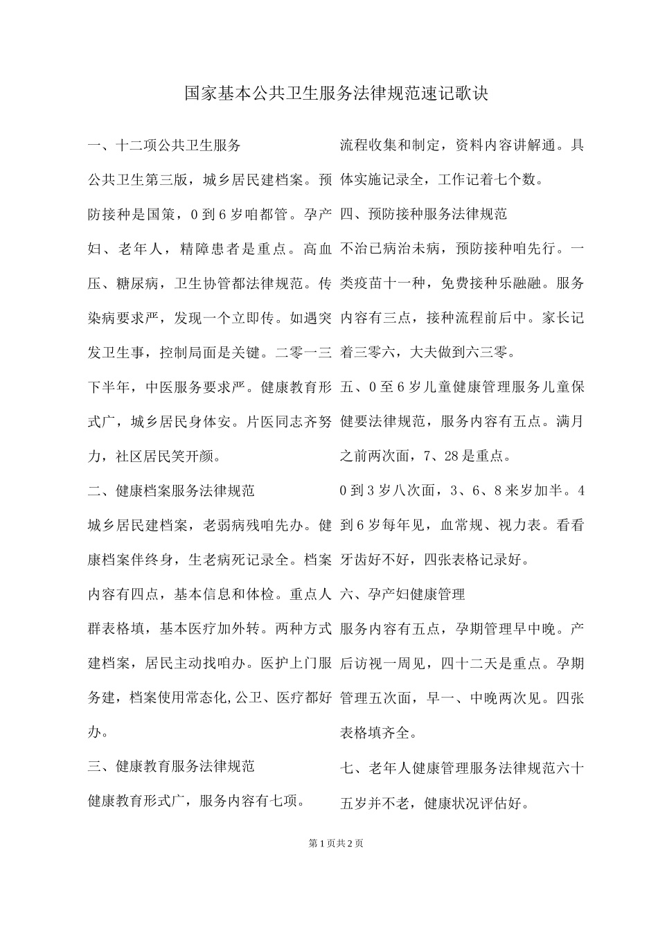 国家基本公共卫生服务规范速记歌诀_第1页