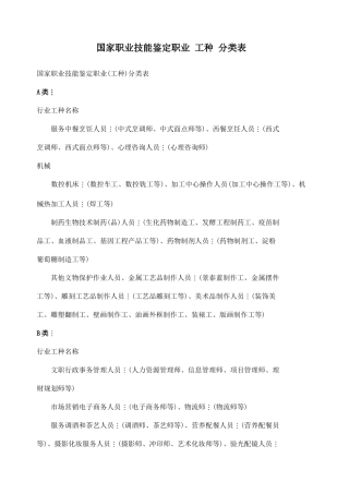 国家职业技能鉴定职业工种分类表
