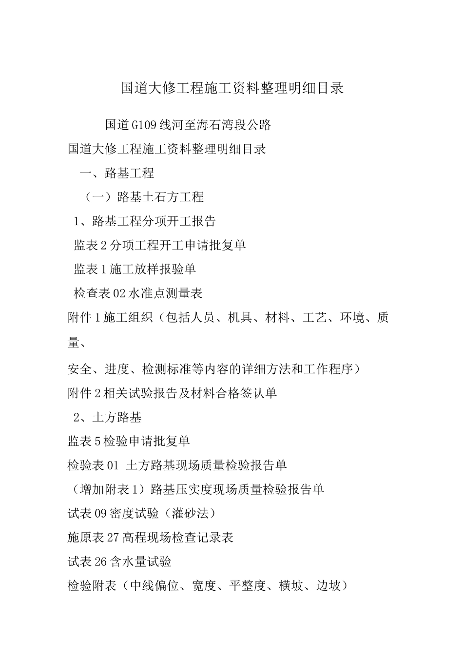 国道大修工程施工资料整理明细目录_第1页