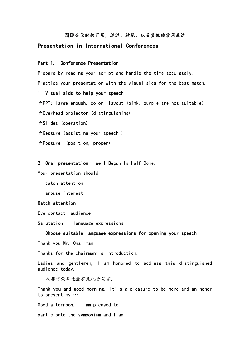 国际会议时的开场,过渡,结尾,以及其他的常用表达_第1页