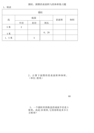 圆柱、圆锥的表面积与体积练习题