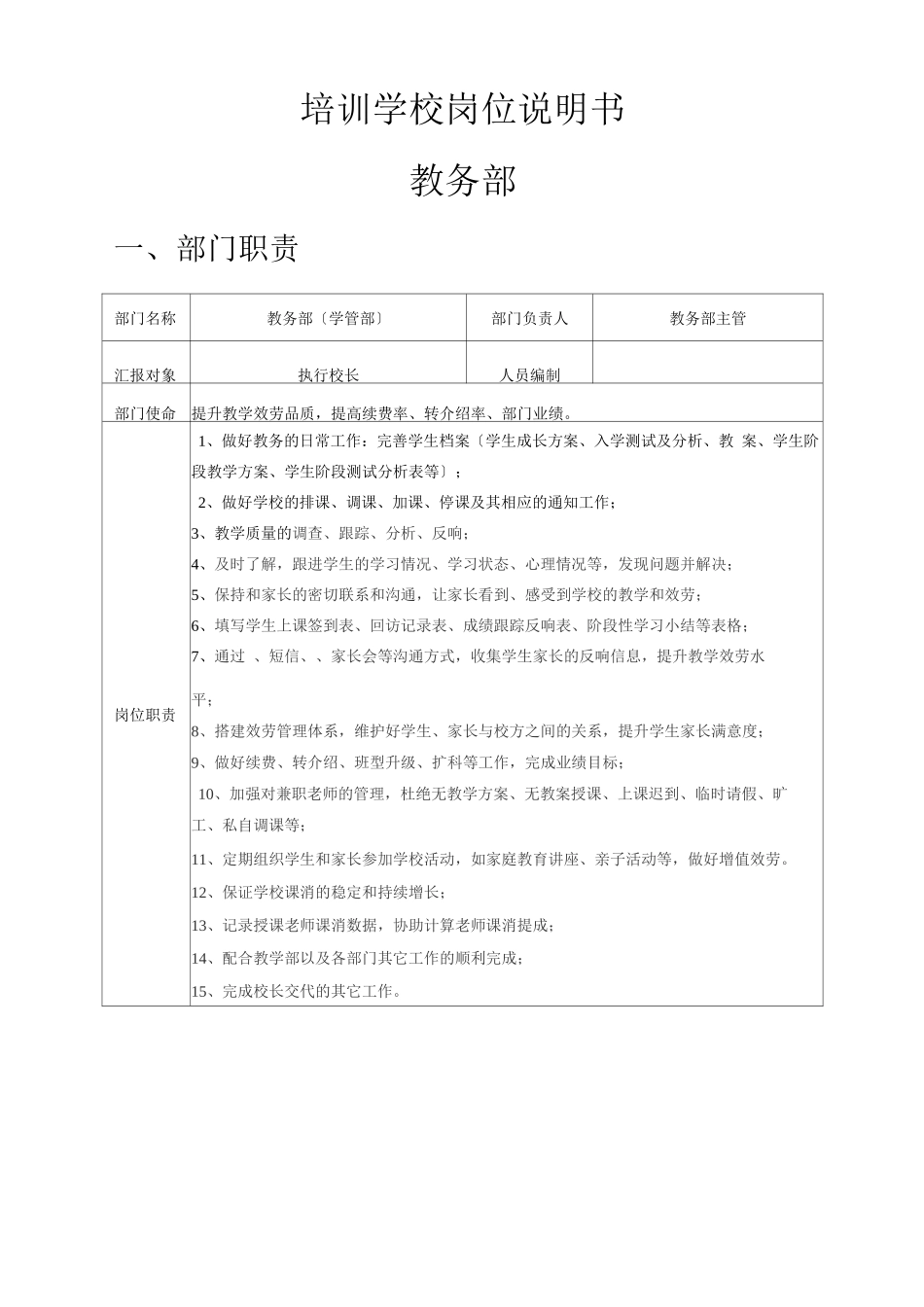 培训学校岗位说明书-教务部_第1页