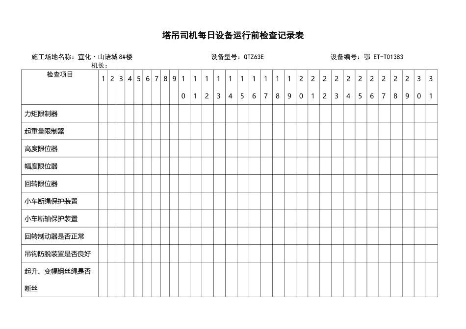 塔吊司机每日设备运行前检查记录表_第2页