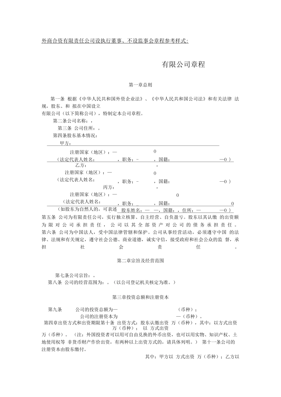外商合资有限责任公司设执行董事、不设监事会章程参考样式_第1页