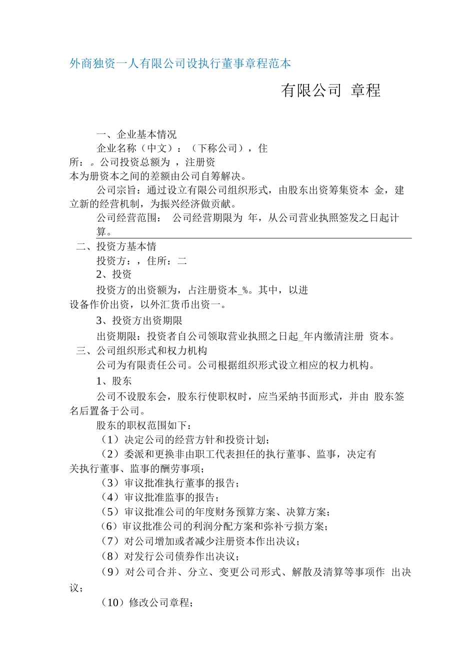 外商独资一人有限公司设执行董事章程_第1页