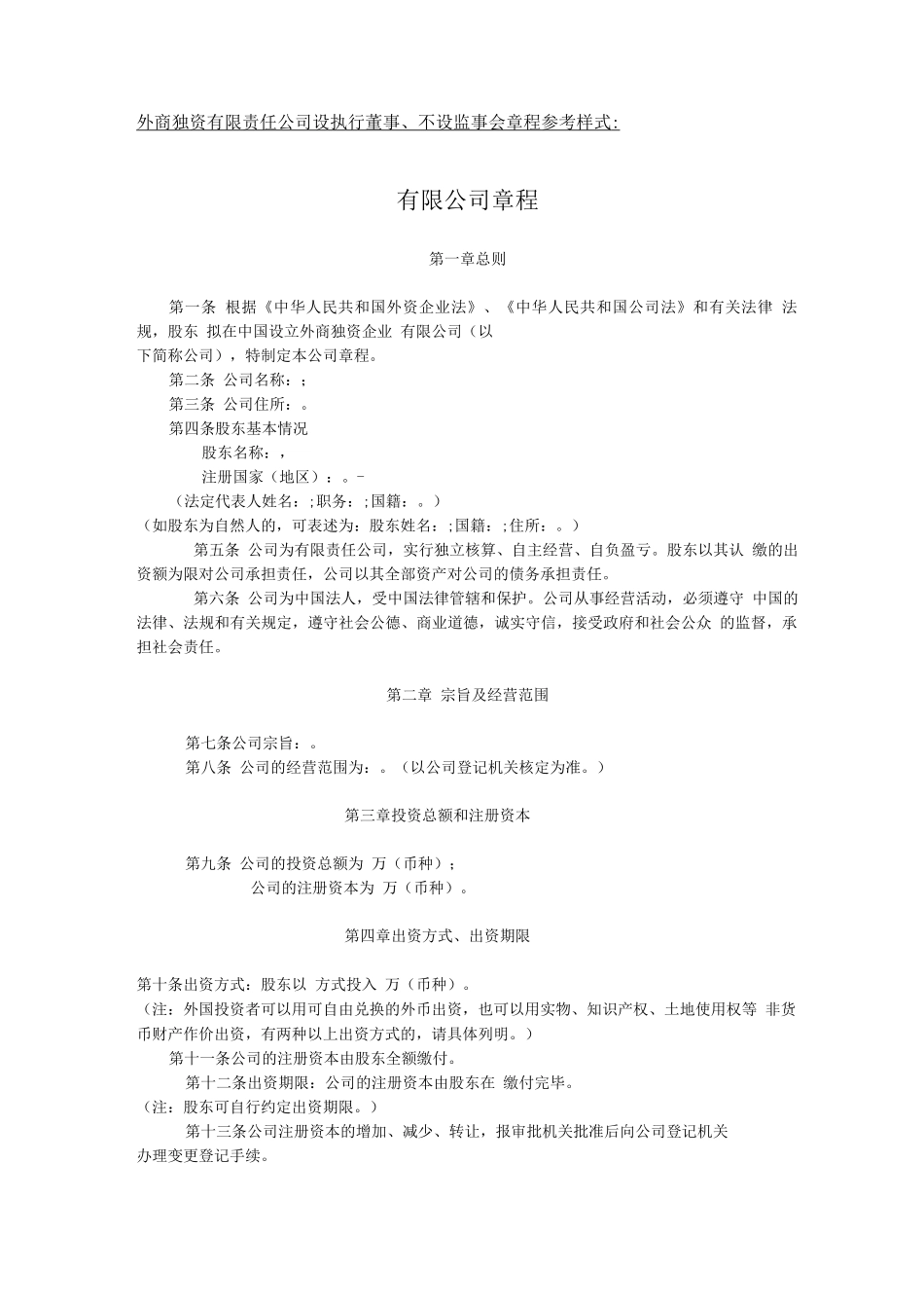 外商独资有限责任公司设执行董事、不设监事会章程参考样式_第1页